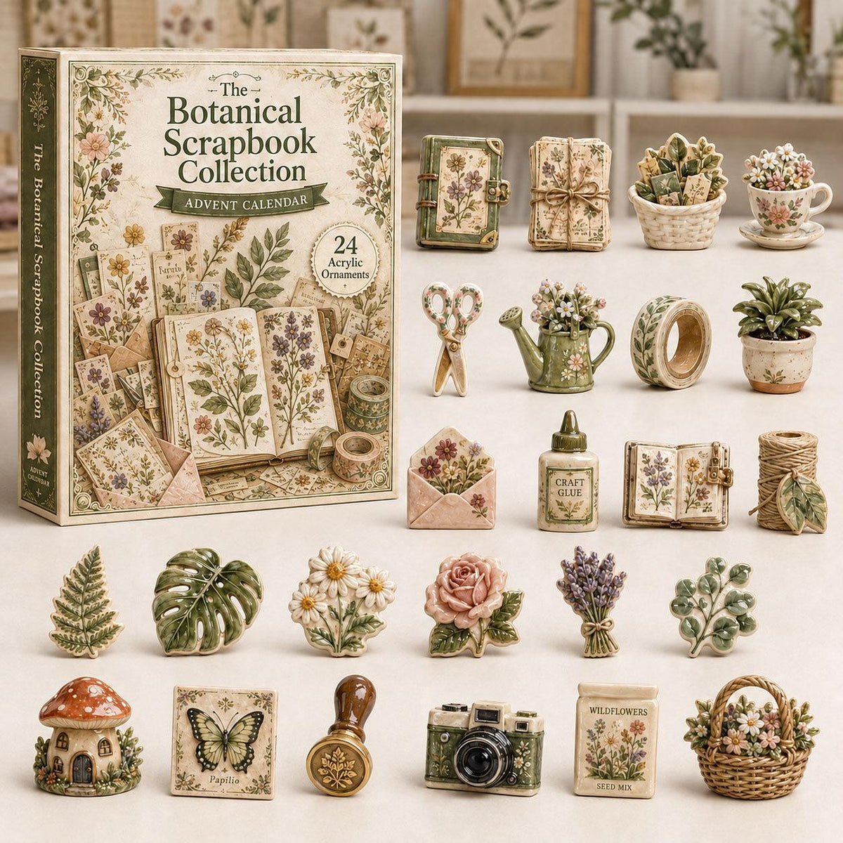 Botanical scrapbook collection advent calendar box displayed with twenty-four miniature acrylic ornaments.