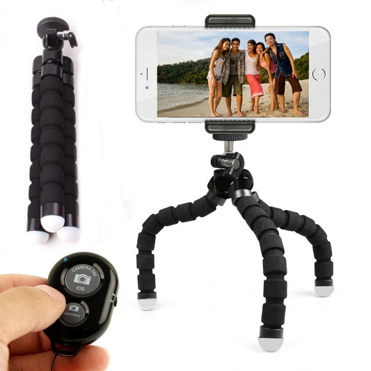 Flexible black tripod holding a smartphone, with a separate tripod shown folded and a hand holding a wireless remote.