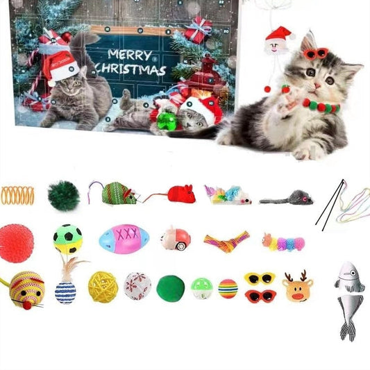 Cat advent calendar with multiple assorted cat toys displayed below.