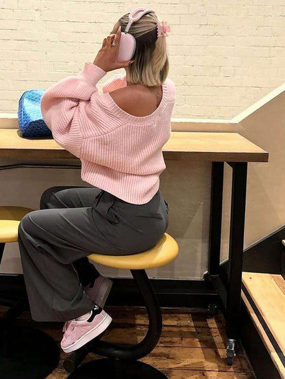 Lantern Sleeve Knit Sweater Top With Soft Pink Draping For Women Flowy