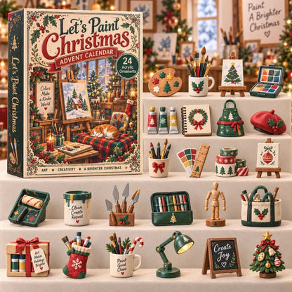 Let's Paint Christmas advent calendar box next to twenty-four miniature art-themed acrylic ornaments displayed on tiers.