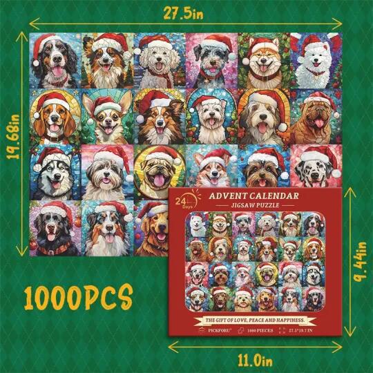 Completed 1000-piece Christmas jigsaw puzzle featuring dogs in Santa hats, shown with its red packaging box.