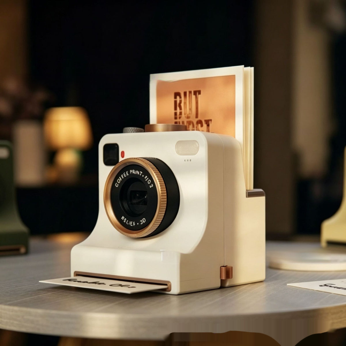 White instant camera with a bronze lens ring and template cards loaded in the top slot on a wooden table.