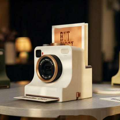 White instant camera with a bronze lens ring and template cards loaded in the top slot on a wooden table.