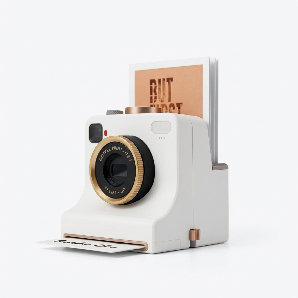 White instant camera with gold accents dispensing a small printed card and holding design templates in the back slot.