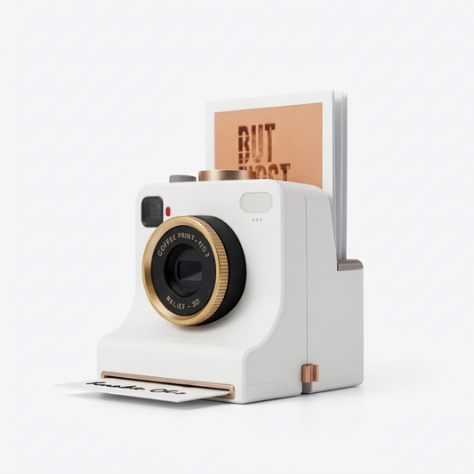 White instant camera with gold accents dispensing a small printed card and holding design templates in the back slot.
