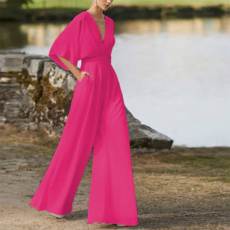 Wireless Jumpsuit with Deep V-Neck and High Waist for Women