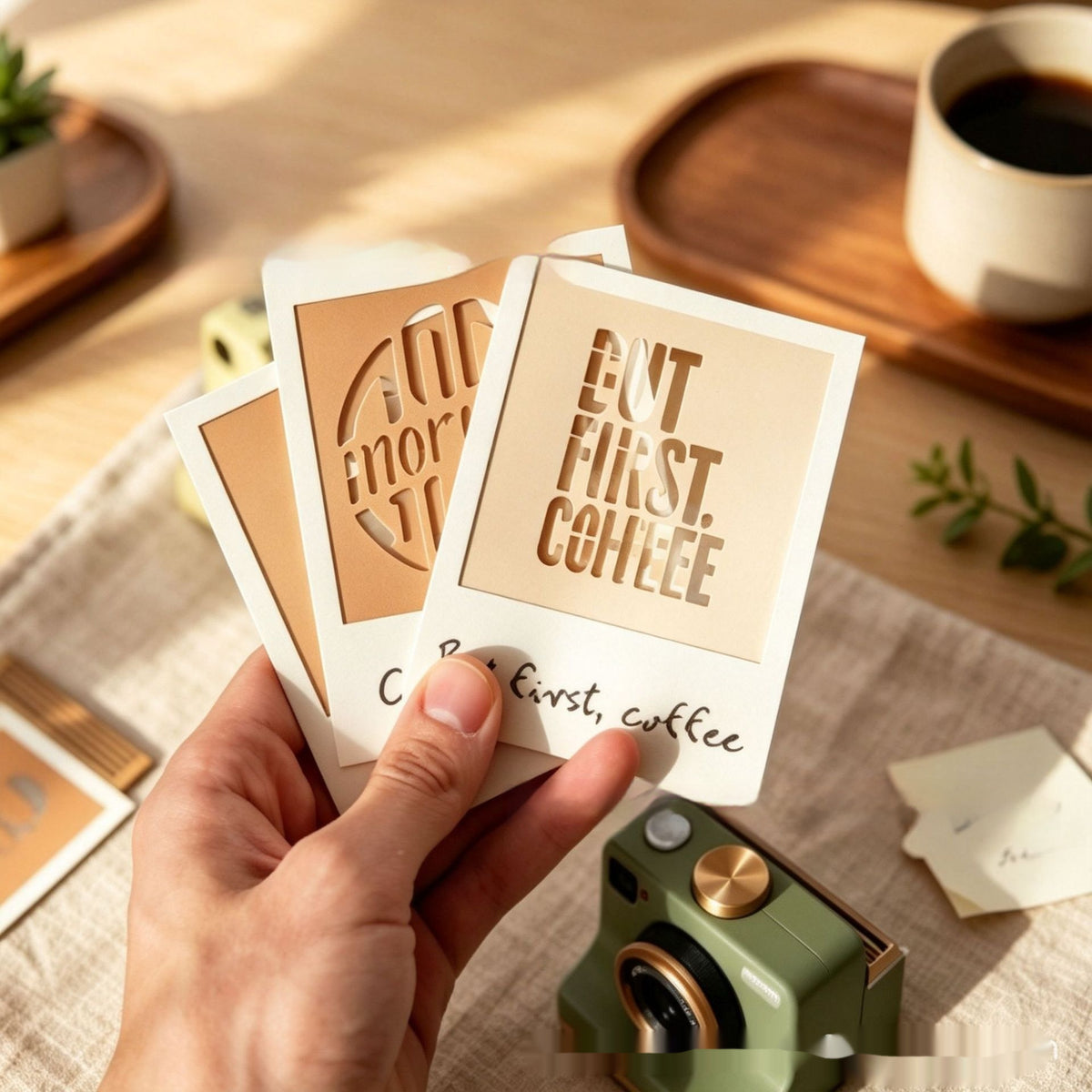Hand holding three Polaroid-style coffee design stencils with cutout text.
