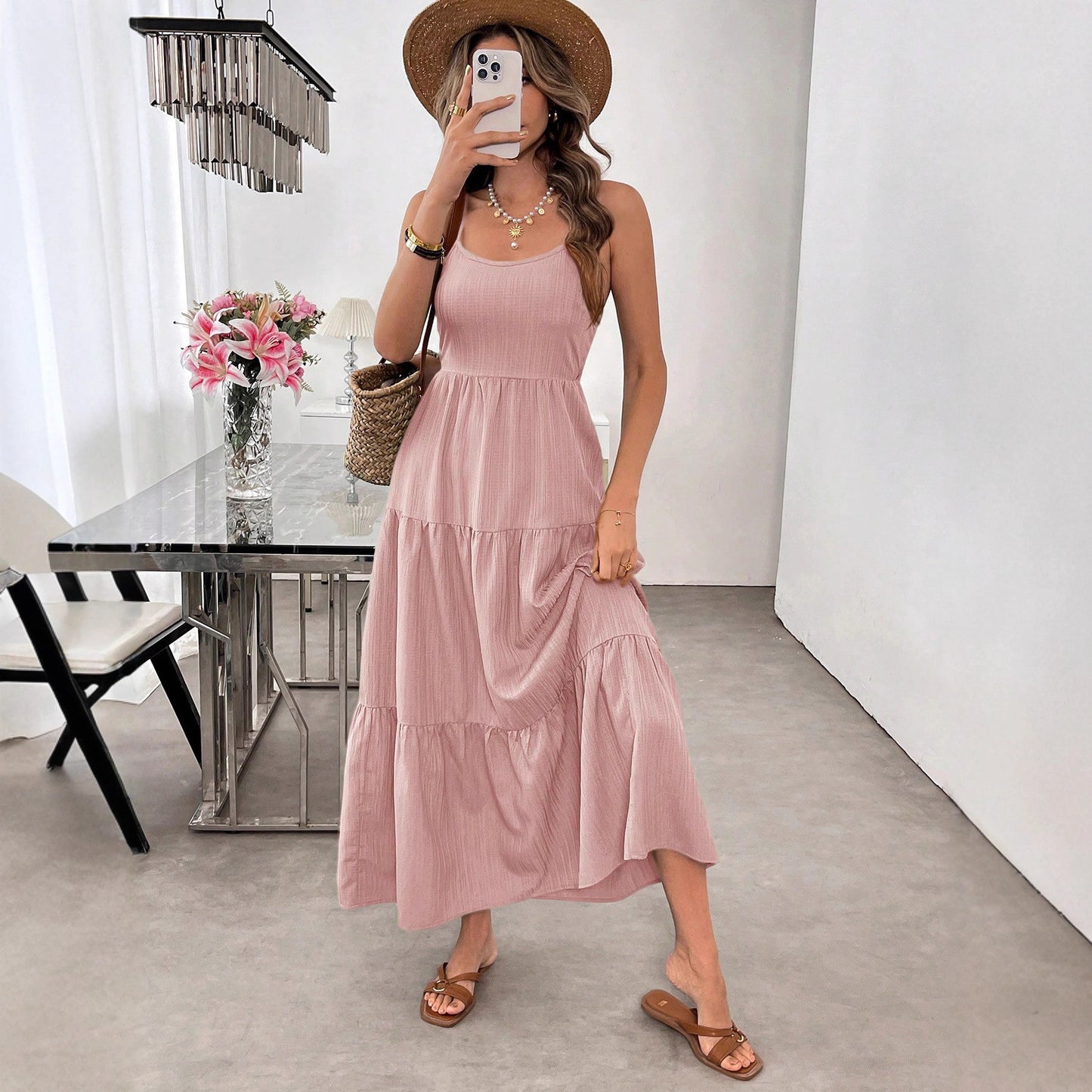 Flowy Dress With Silk Spaghetti Straps And Tiered Bow Waist For Women Ideal Beach Party Outfit