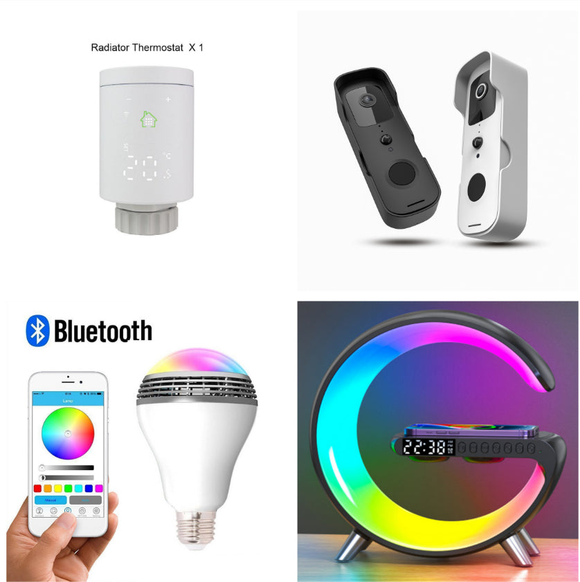 Black G-shaped LED lamp with wireless charger and speaker for desk use.
