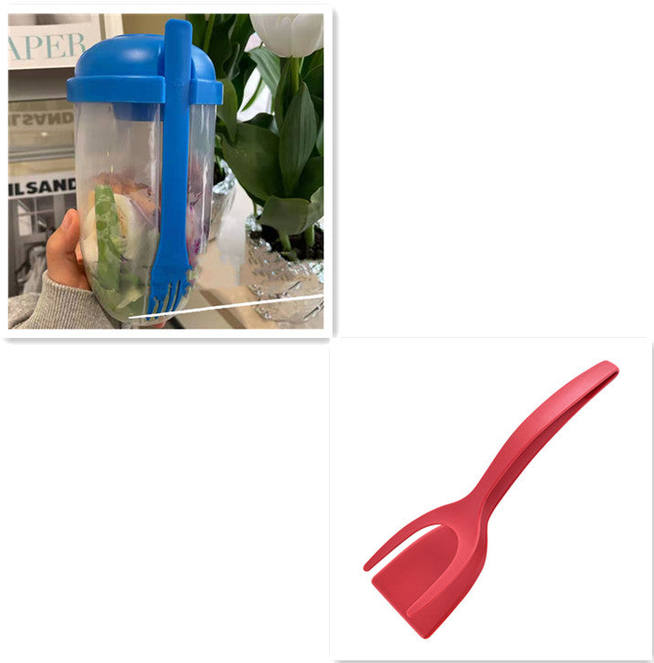 Clear plastic salad cup with blue lid and attached blue fork, filled with sliced vegetables.