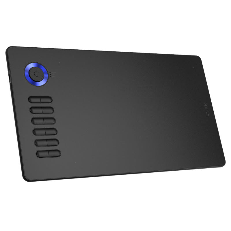 Black drawing tablet with a circular blue dial and six shortcut keys on the left side.