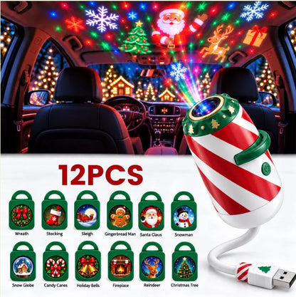 USB Christmas projector light with candy cane design, flexible cord, and twelve festive pattern slides shown below.