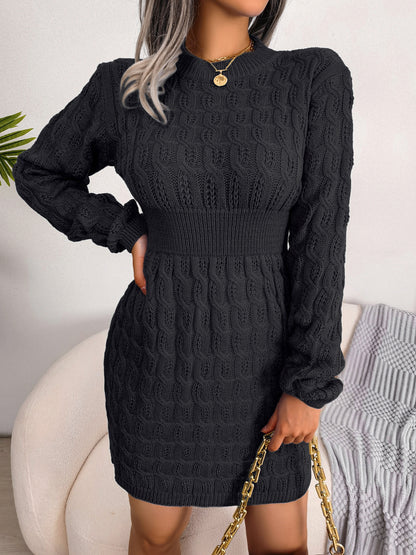 Black cable knit sweater dress with a sculpting high waist design for fall outfits.