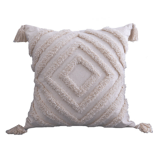 throw pillow cover with tufted diamond pattern and corner tassels