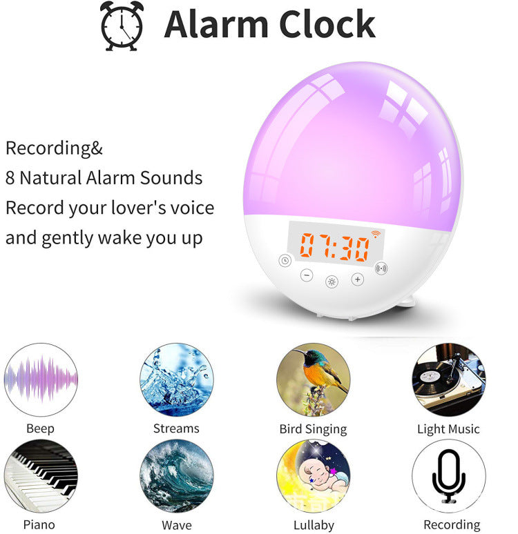 Round sunrise alarm clock with glowing purple light, digital display showing 07:30, and eight sound icons below.