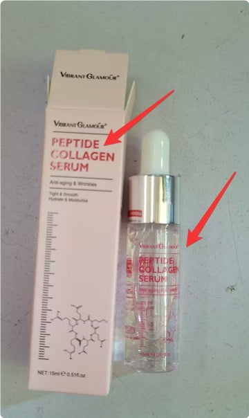 Peptide collagen facial serum bottle and its open outer packaging box, pointed to by red arrows.