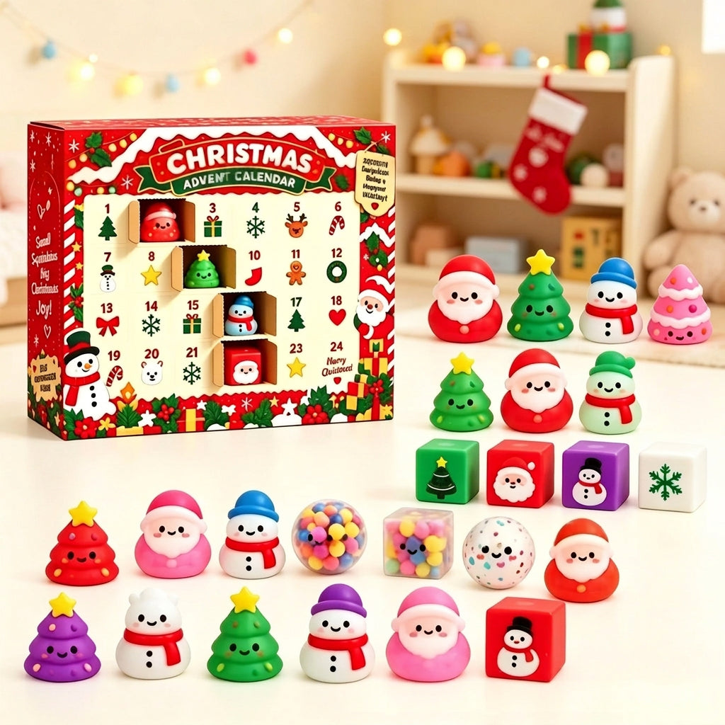 Christmas advent calendar box with various opened doors and small festive squeeze toys arranged around it.