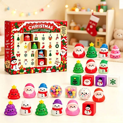 Christmas advent calendar box with various opened doors and small festive squeeze toys arranged around it.