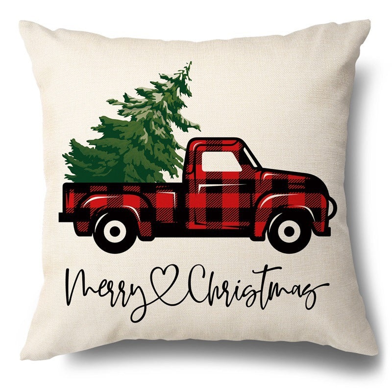 Square throw pillow cover featuring a red and black buffalo plaid truck carrying a tree and Merry Christmas text.