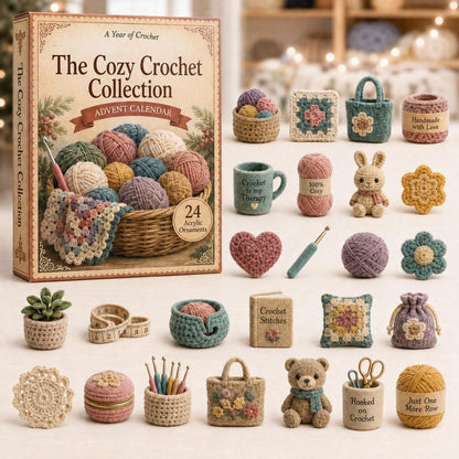 Advent calendar box with 24 miniature crochet ornaments arranged on a surface.