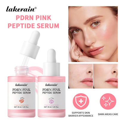 Pink peptide face serum bottles with dropper alongside model portraits showing skin before and after use