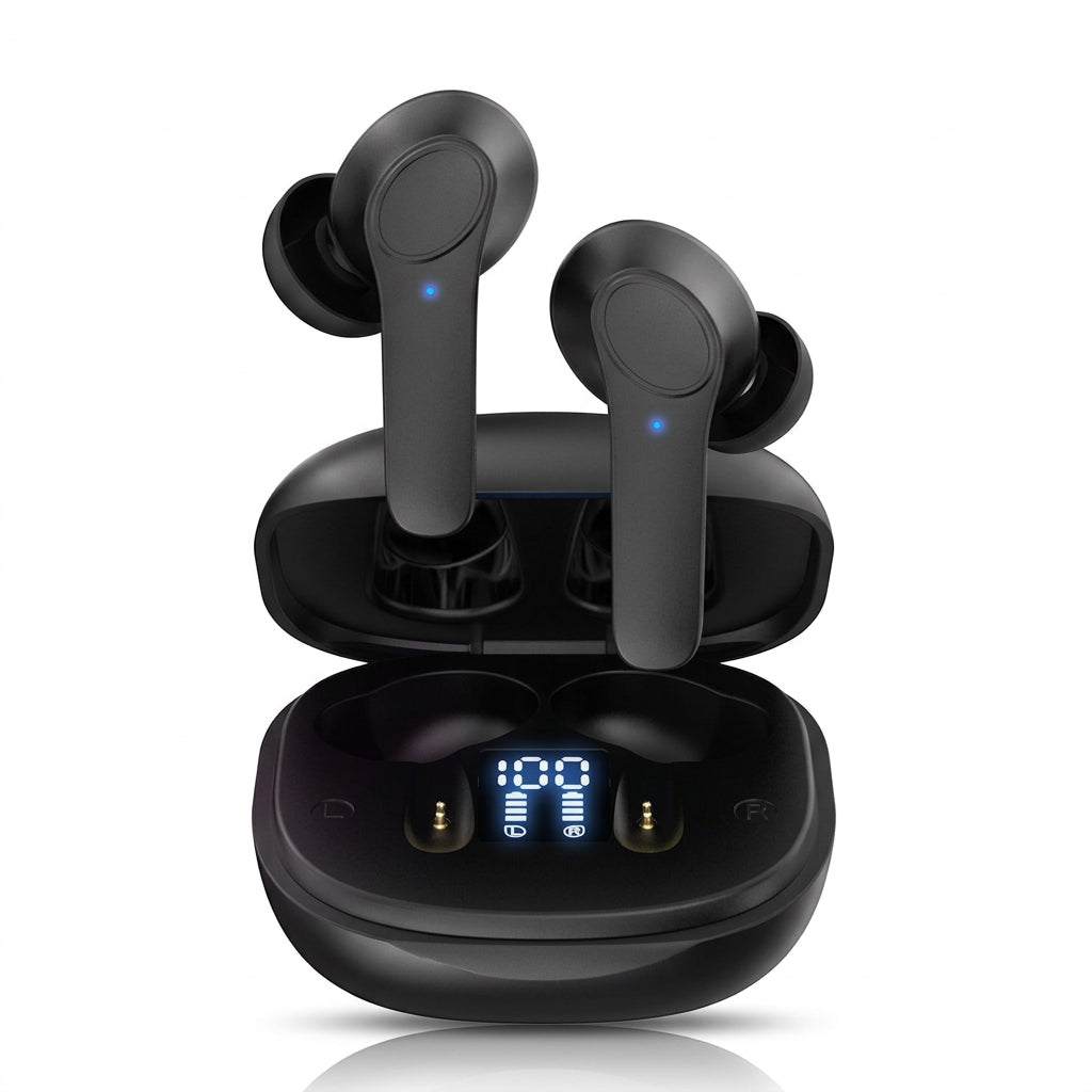 Black wireless earbuds with stem design floating above an open charging case showing a digital battery display.