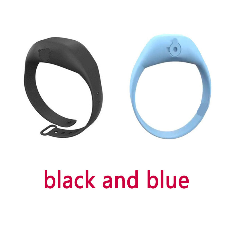 Black and light blue silicone dispenser wristbands shown side by side.