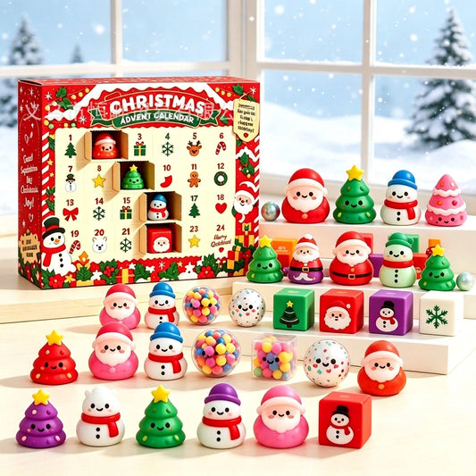 Christmas advent calendar with numbered doors and squeeze toy characters on display