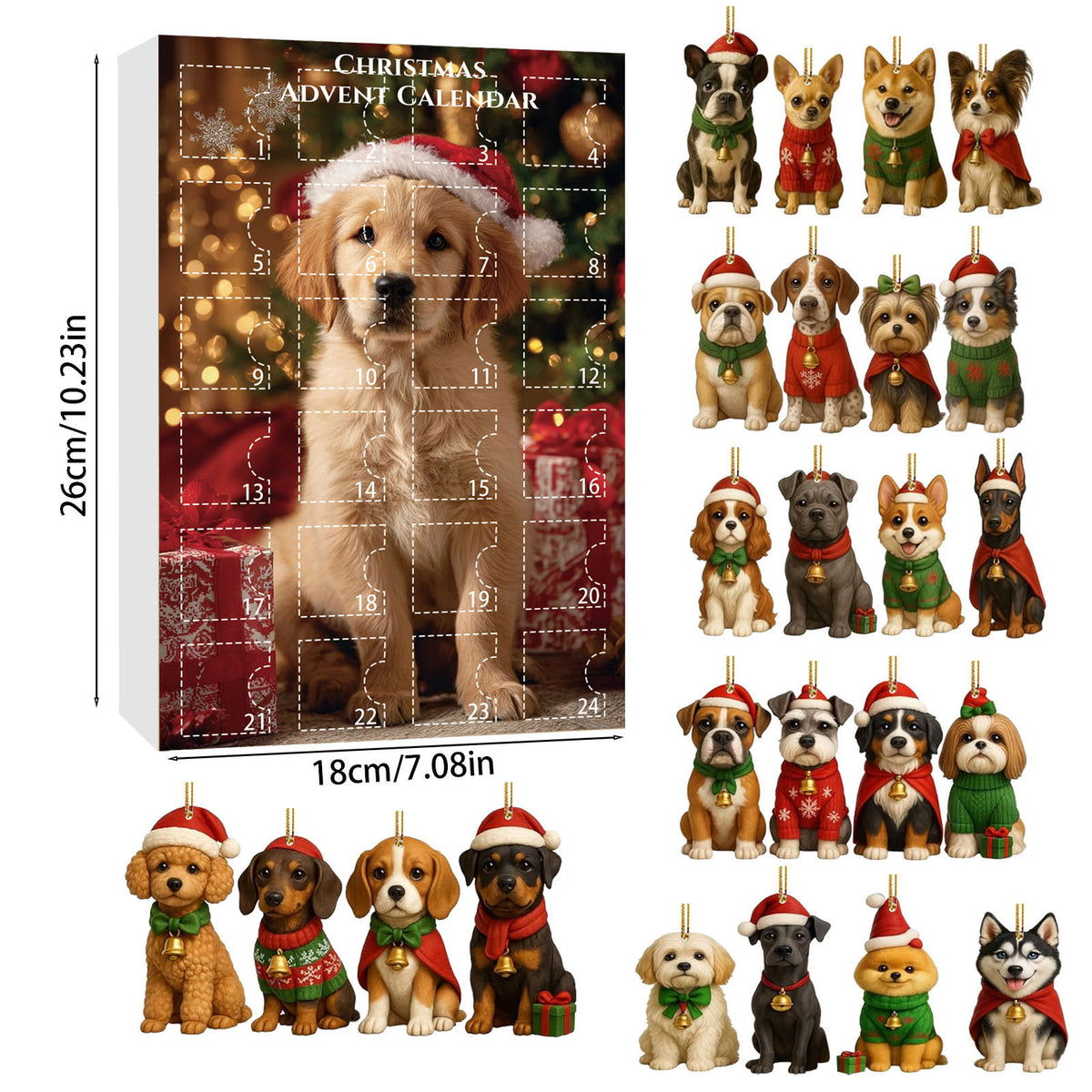 Christmas advent calendar with 24 numbered doors alongside an array of assorted dog breed hanging ornaments.