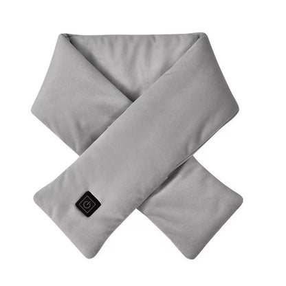 Gray heated scarf with a black power button on the front end