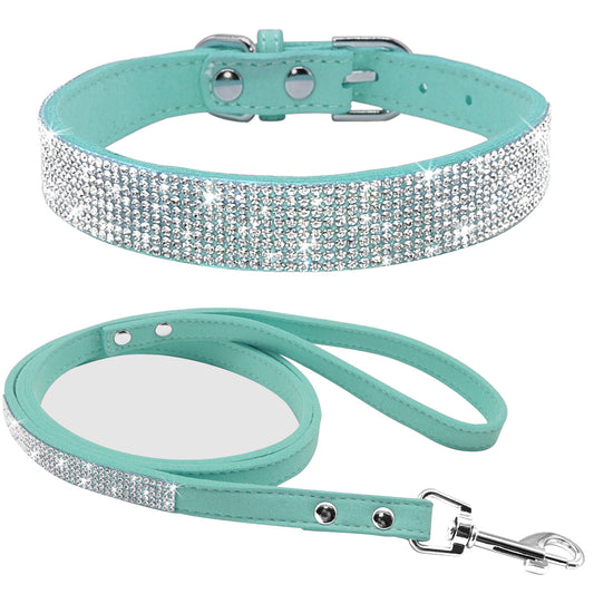 Teal rhinestone dog collar and matching leash set with silver hardware
