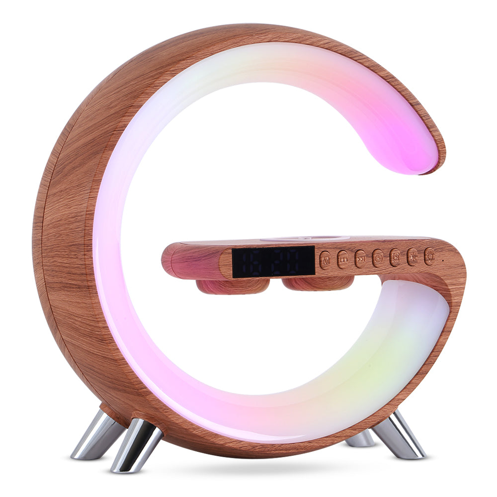 Wood-grain G-shaped LED lamp with wireless charger and Bluetooth speaker, featuring adjustable brightness for bedside use.