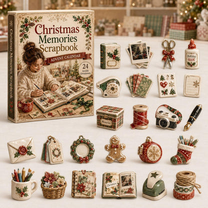 Christmas scrapbook advent calendar box with twenty four miniature crafting-themed acrylic ornaments.