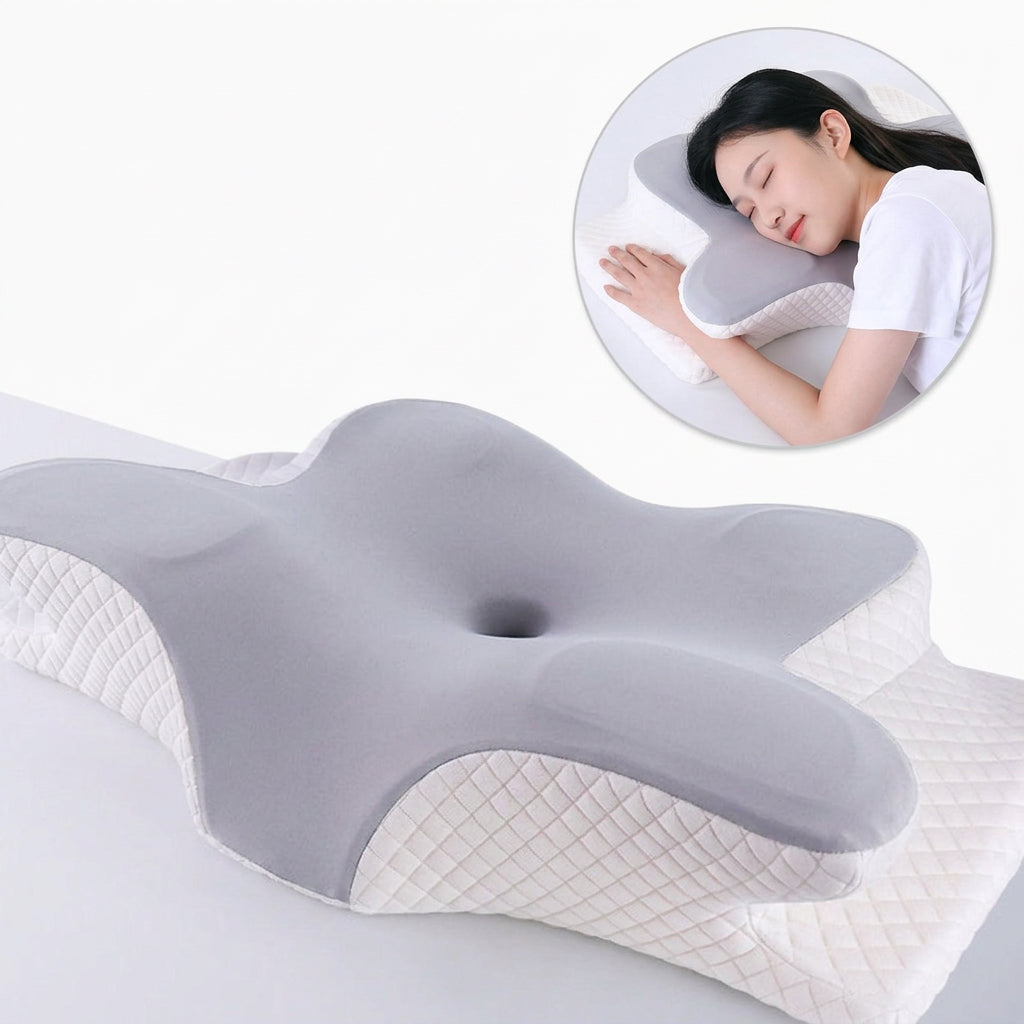 Ergonomic grey and white contoured neck support pillow shown with in-use insert of a person resting.