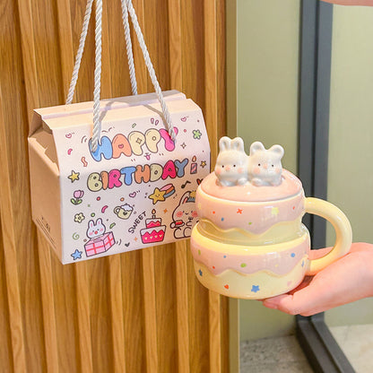 Playful Mug Birthday Cake Motif with Porcelain Lid and Spherical Spoon