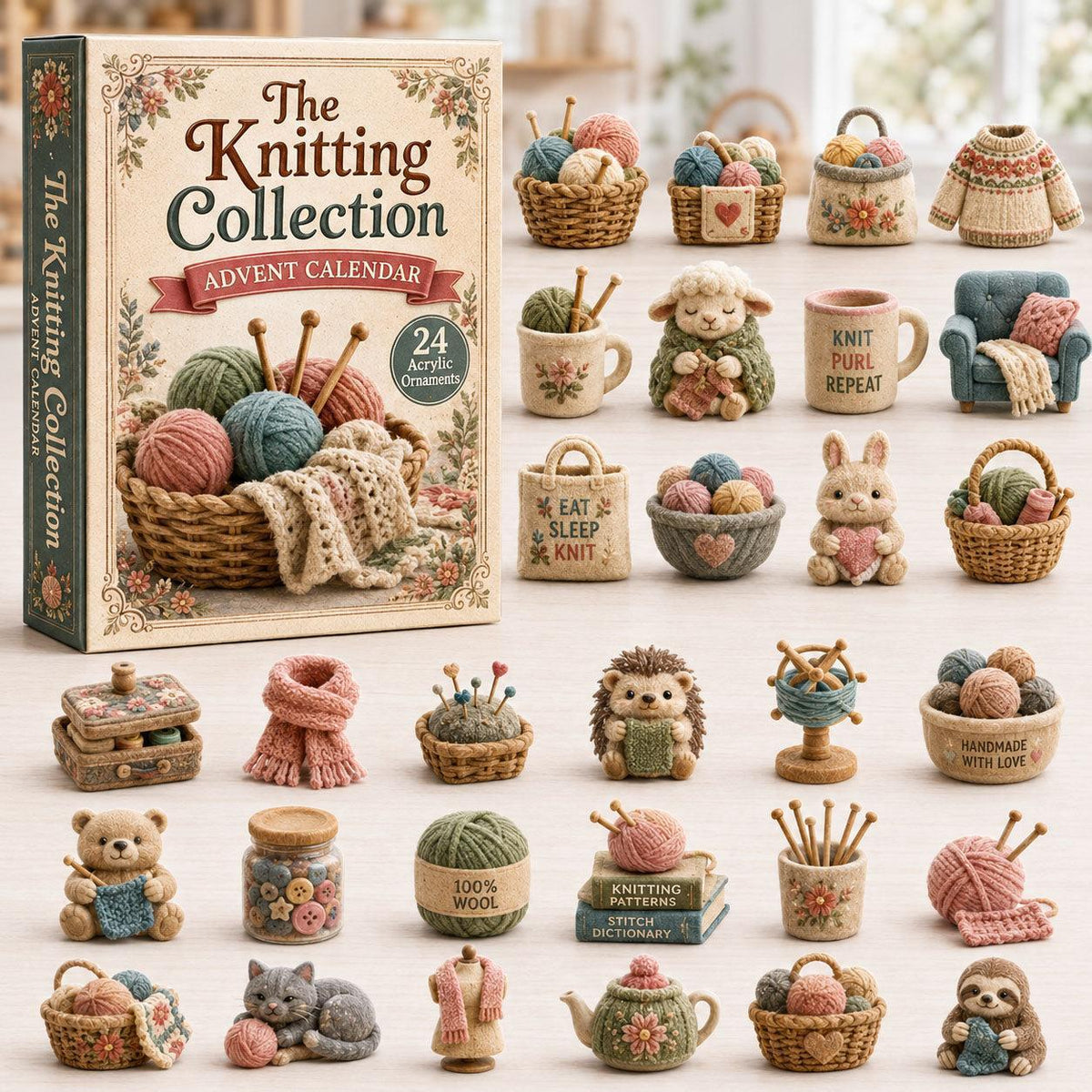 Knitting advent calendar box with 24 miniature yarn and craft ornaments