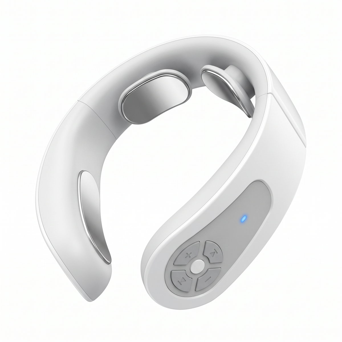 White wireless neck massager with silver metal contact pads and control buttons.