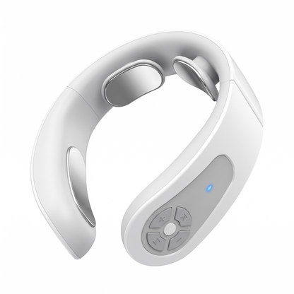 White wireless neck massager with silver metal contact pads and control buttons.