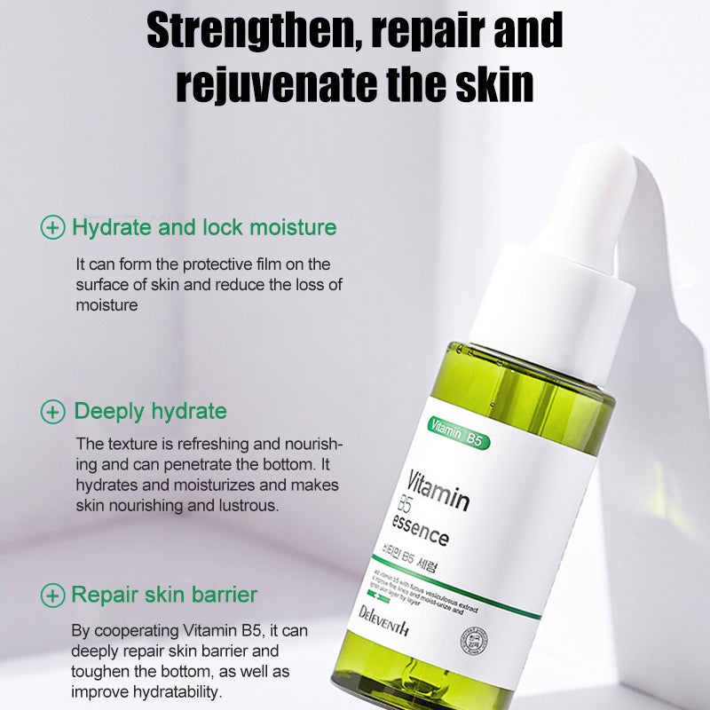 Vitamin B5 essence bottle with a dropper against a white backdrop featuring marketing text.