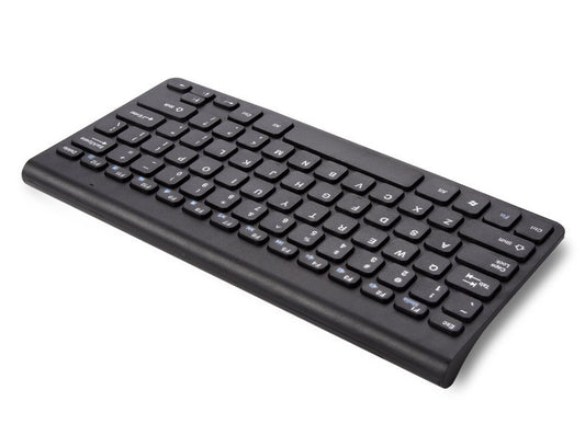 Black compact wireless keyboard angled view on a white background