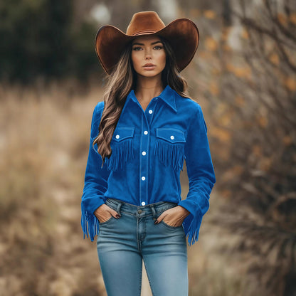 Western Style Top with Textured Panels and Tassel Details