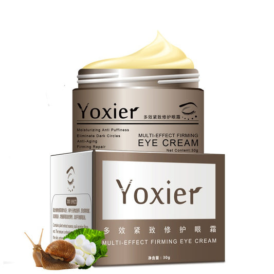 Brown eye cream jar with yellow cream on top and matching product box.