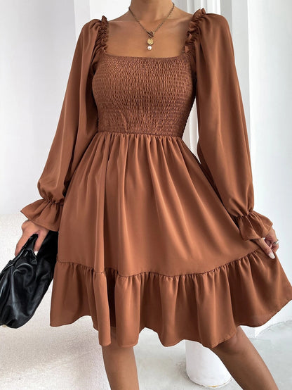 Flared Dress with Square Neckline and Swing Silhouette for Versatile Day Night Wear
