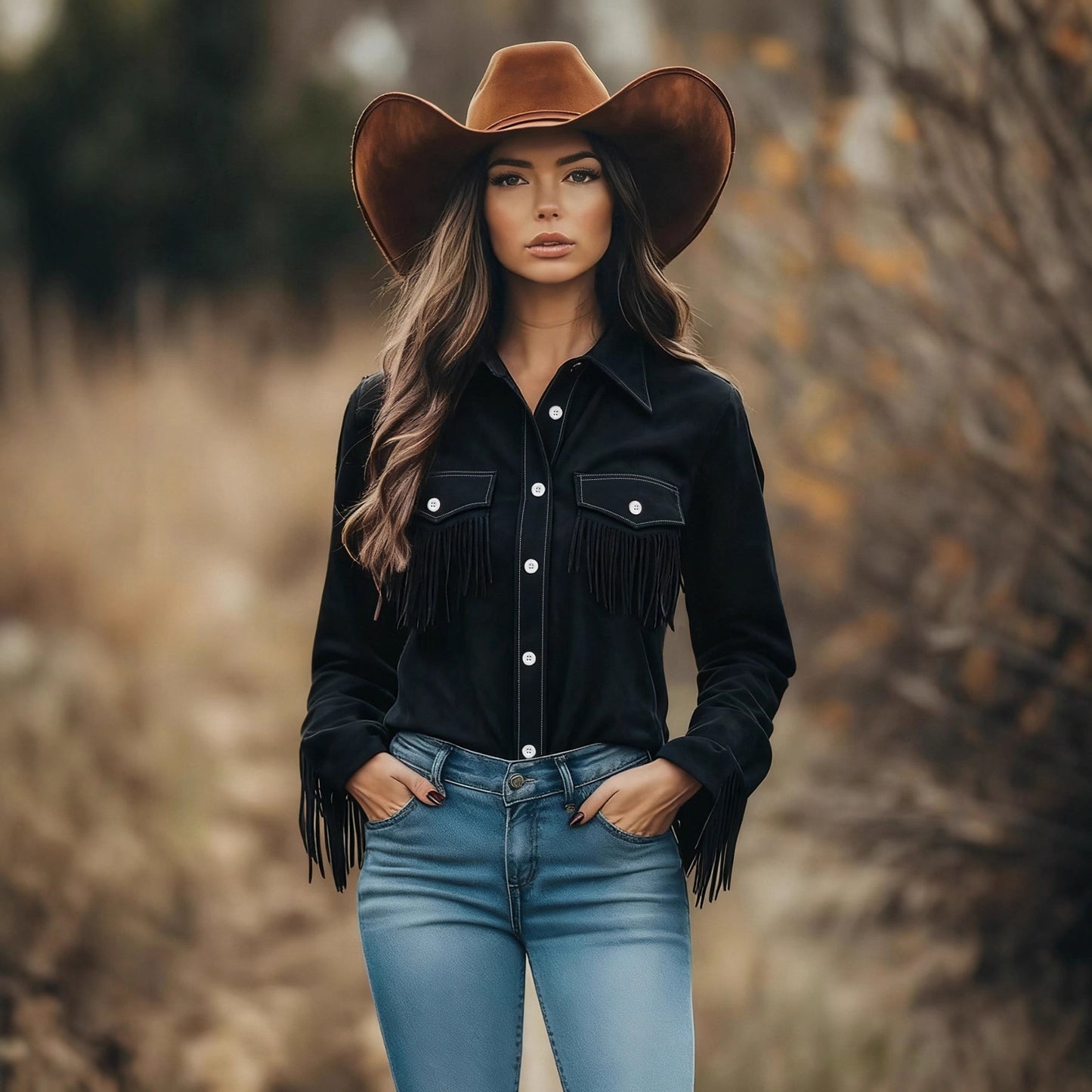 Western Style Top with Textured Panels and Tassel Details