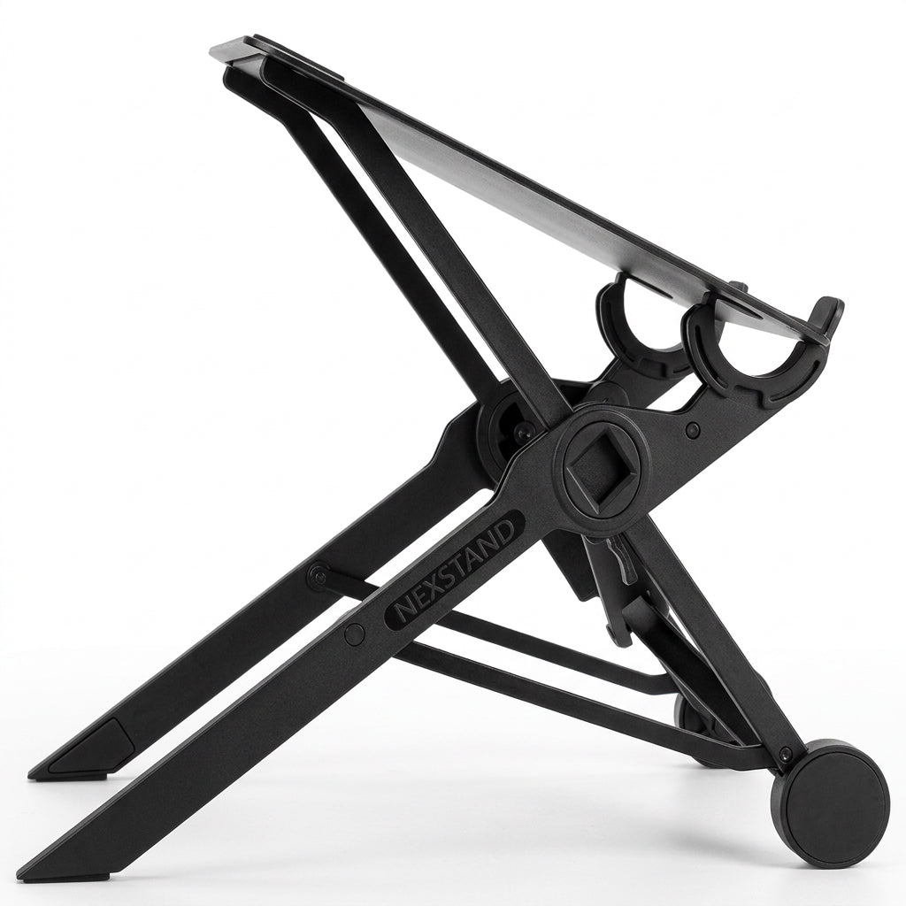 Black foldable laptop stand shown in an open, upright position.