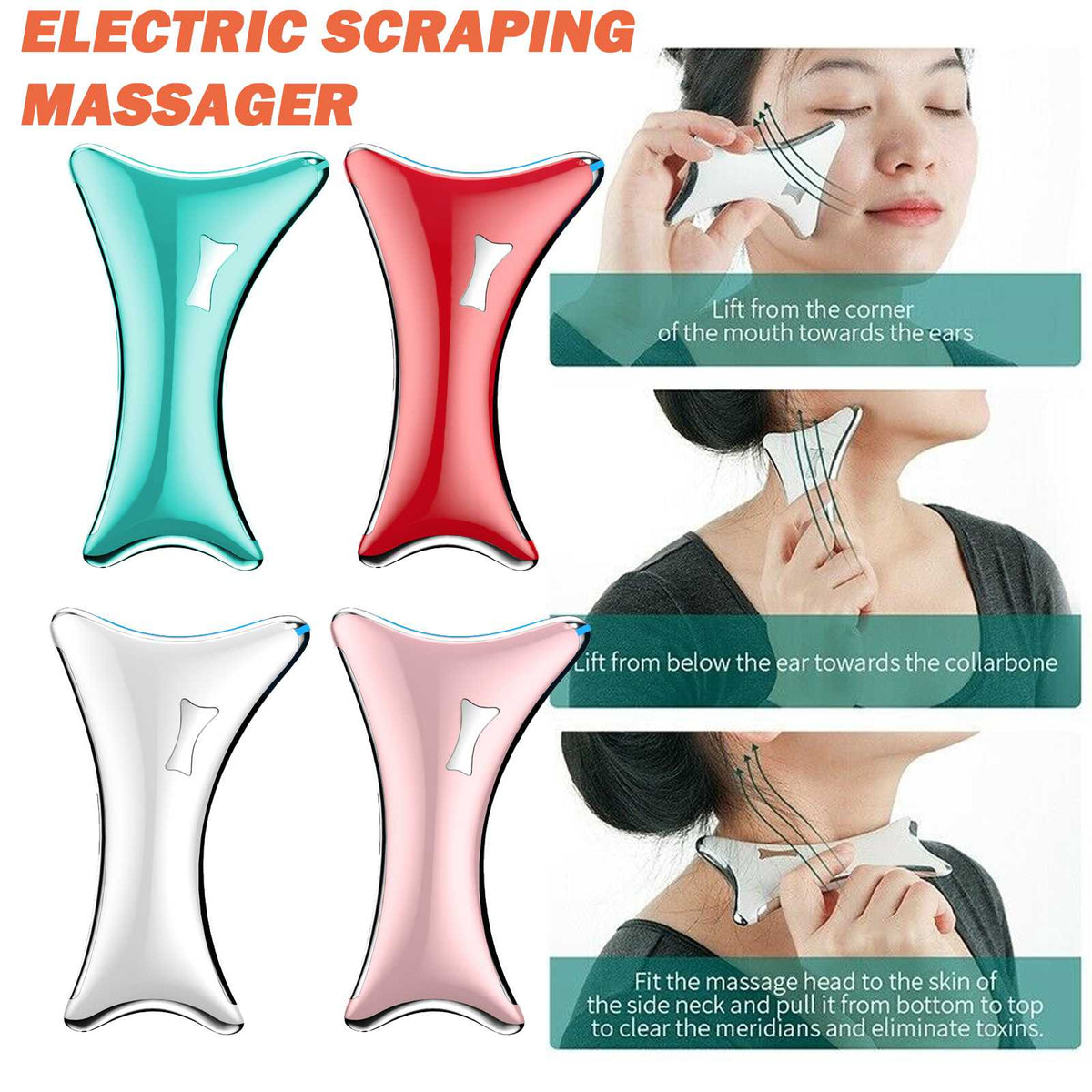 Electric scraping massagers in four colors and demonstration images showing usage on the face and neck.