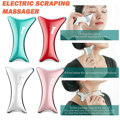 Electric scraping massagers in four colors and demonstration images showing usage on the face and neck.