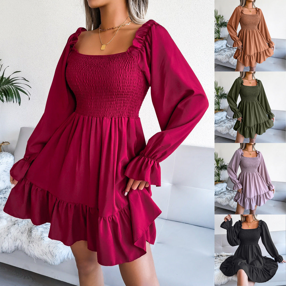 Flared Dress with Square Neckline and Swing Silhouette for Versatile Day Night Wear