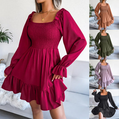 Flared Dress with Square Neckline and Swing Silhouette for Versatile Day Night Wear